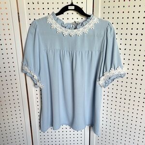 Blue Ruffled Short Sleeve Blouse with Peter Pan Collar